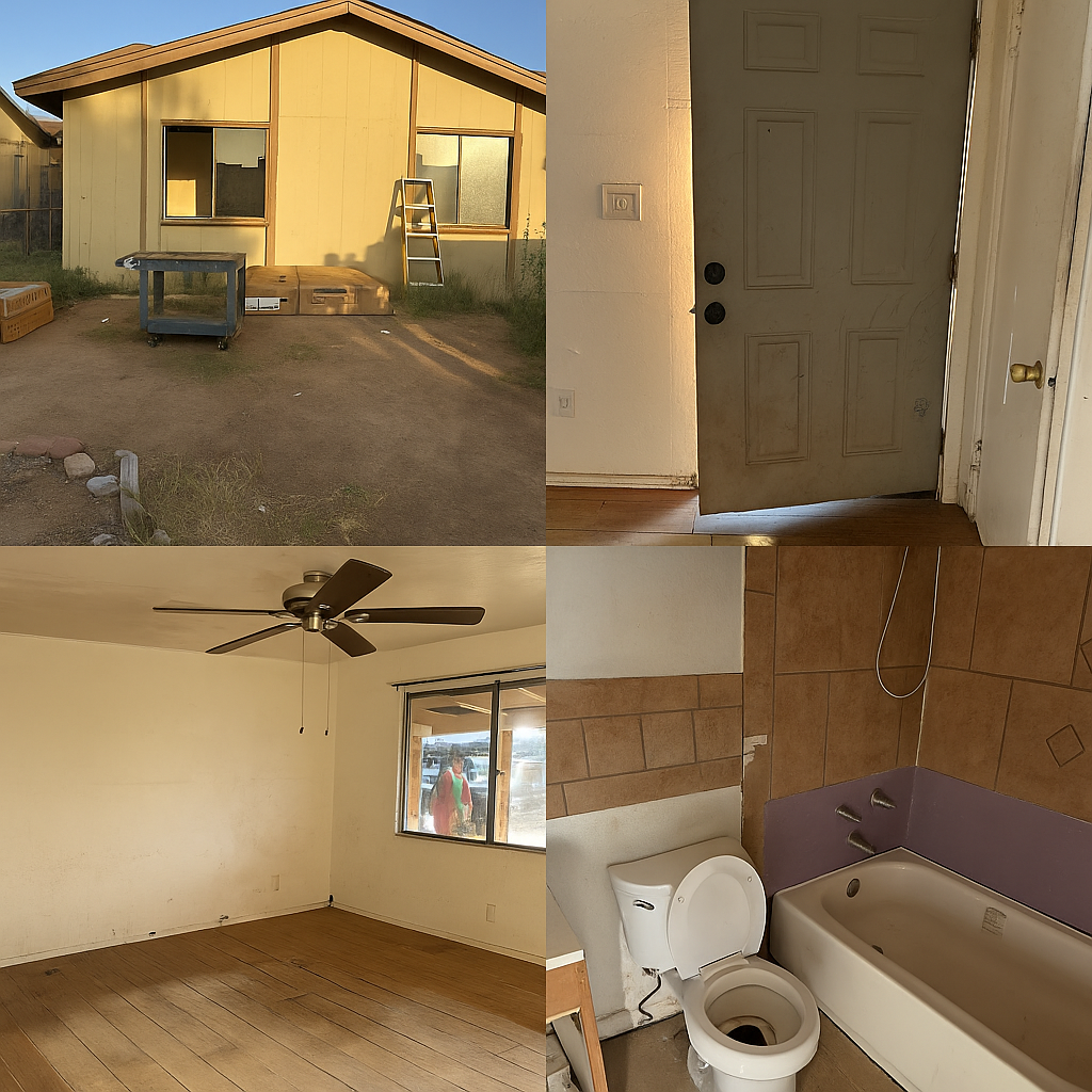 <img src="before-renovation-collage.jpg" alt="Before renovation photo collage showing a weathered home exterior, worn interior spaces, damaged flooring, and outdated bathroom fixtures.">